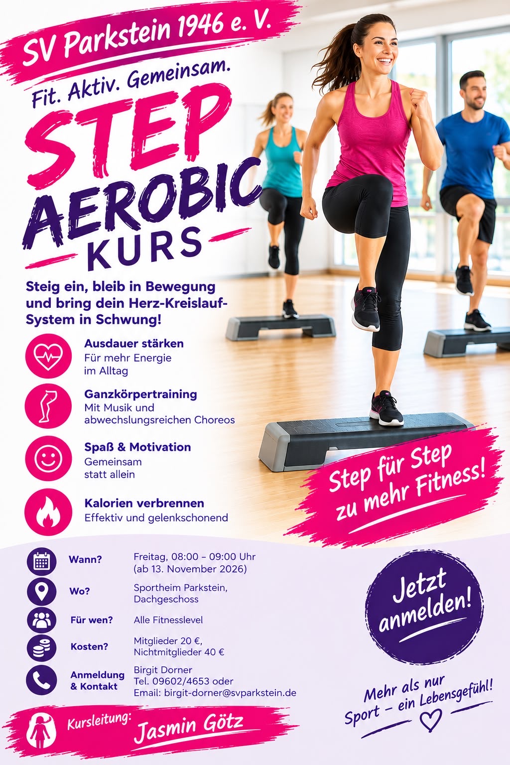 Step-Aerobic beim SV Parkstein: Kurs mit Jasmin Götz ab 13. November 2026. Alle Kursinformationen stehen im folgenden Text.